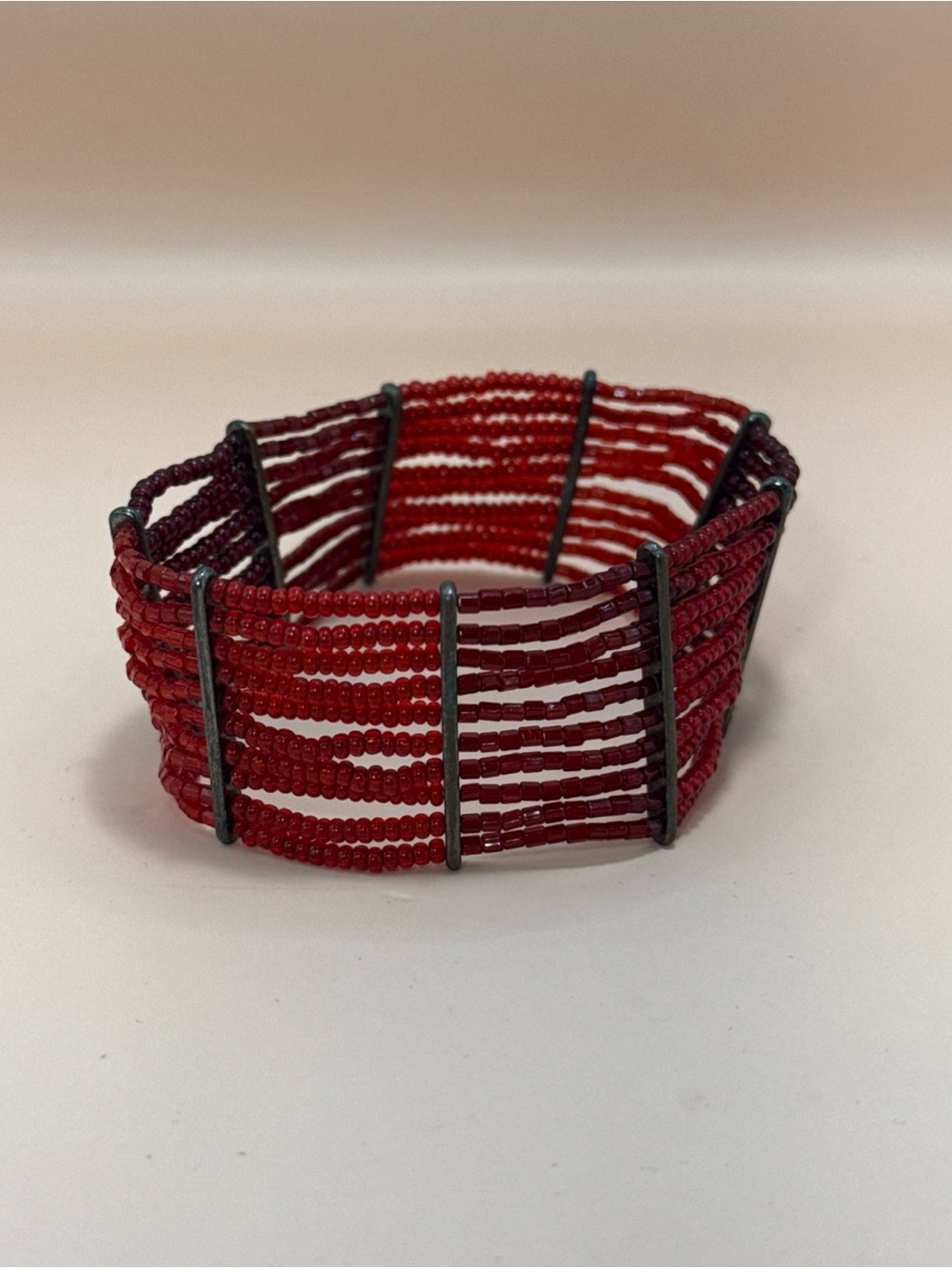Red Seed Bead Beaded Open Stretch Bangle Cuff Bracelet Multiple Strands / Beads